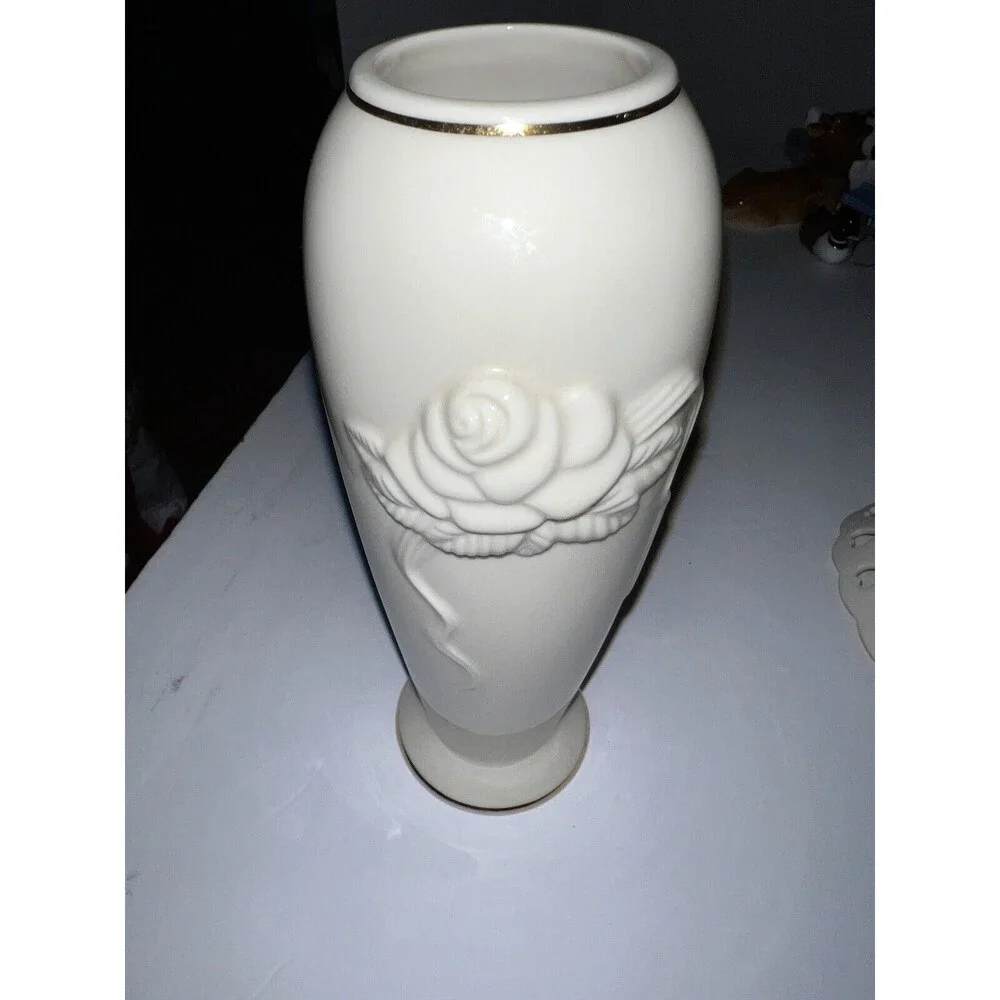 Lenox Embossed Rose Cream Vase Heart Bowl Set Gold Trim Vintage